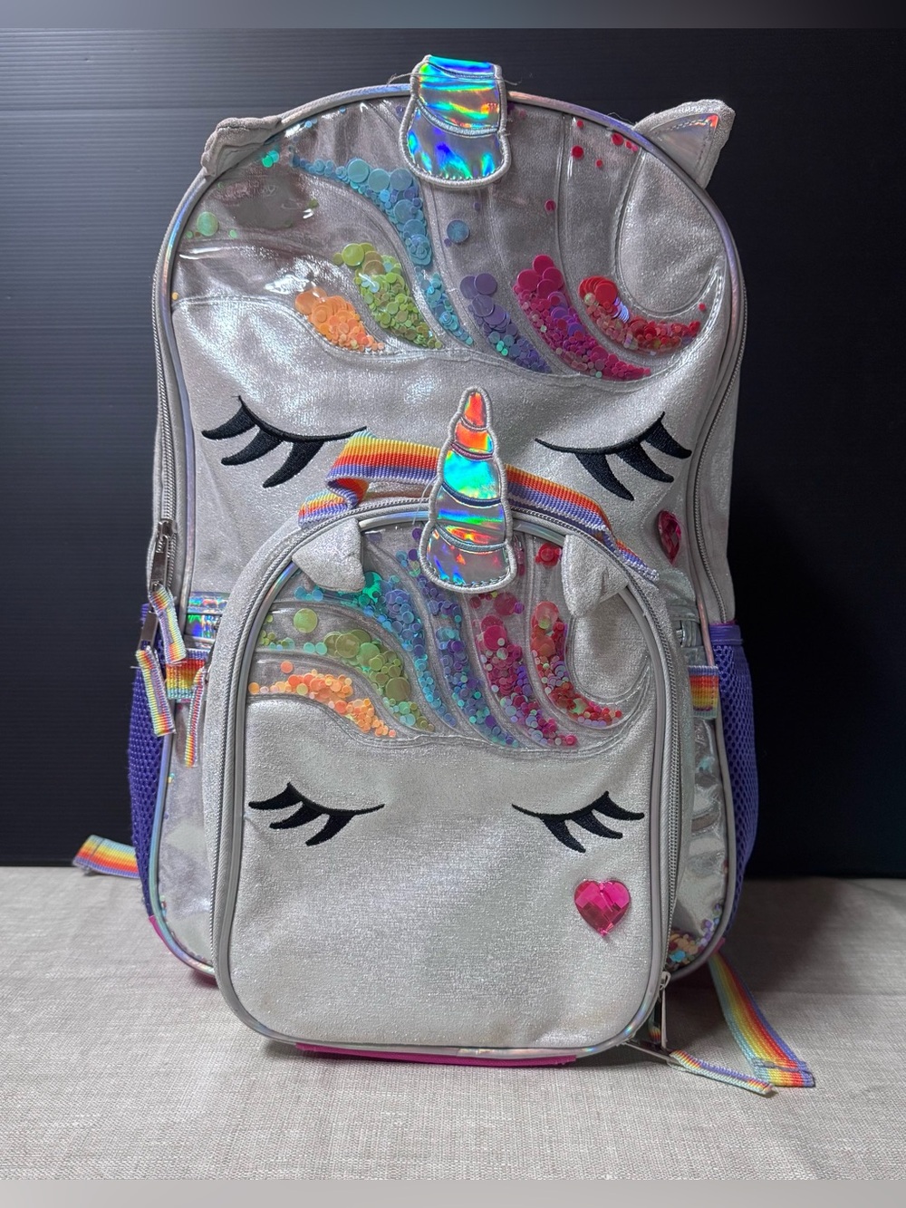 Silver Unicorn Sequin Kids Backpack with Rainbow Accents